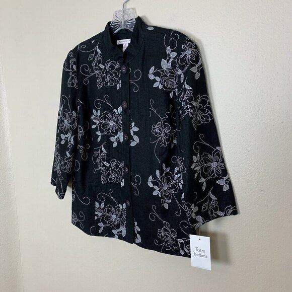 JM Collection Womens Linen Jacket 8 Petite NEW Black Floral Embroidered Shacket - Picture 4 of 15
